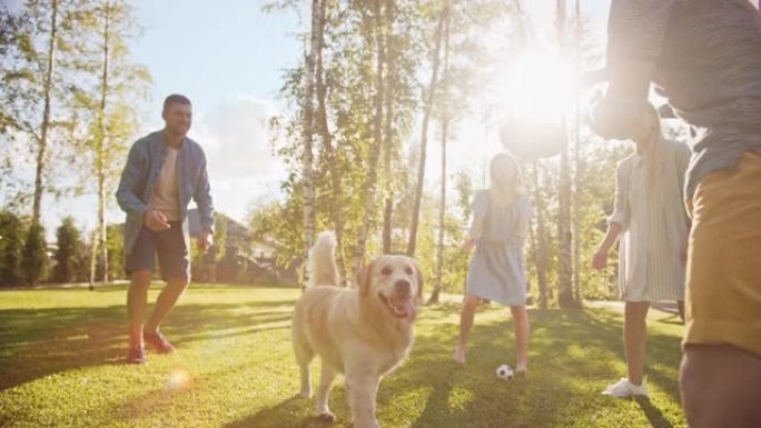 微笑美丽的四口之家在后院草坪上与快乐的金毛猎犬一起玩耍捕捉飞盘。田园诗般的家庭在避暑别墅与忠诚的血统