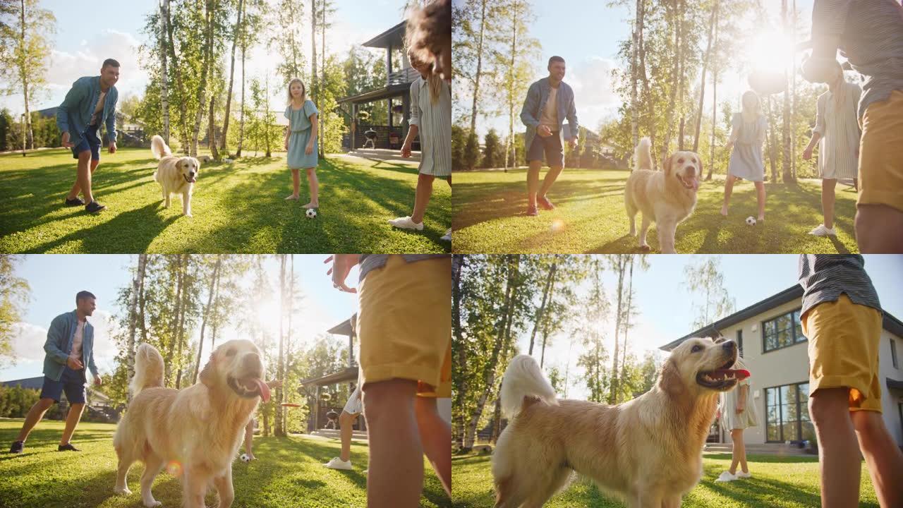 微笑美丽的四口之家在后院草坪上与快乐的金毛猎犬一起玩耍捕捉飞盘。田园诗般的家庭在避暑别墅与忠诚的血统