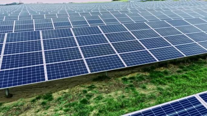无人驾驶的观点在农村太阳能农场成排的太阳能电池板