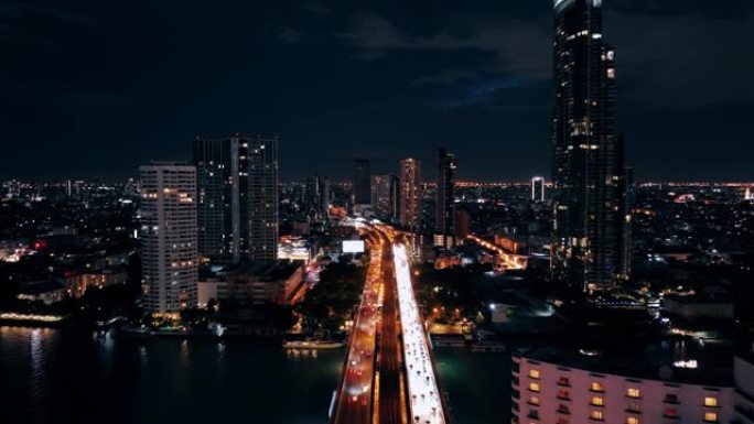 曼谷交通鸟瞰图夜景灯火车流金融中心城市