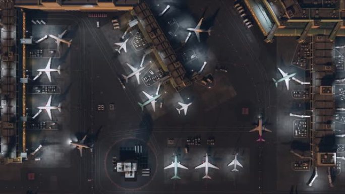 带有飞机，客运大楼，跑道和服务机械的3D商业机场鸟瞰图。晚上移动国际港口的现代VFX飞机的俯视图。