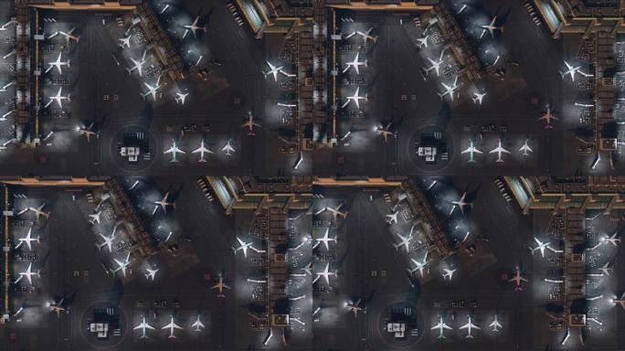 带有飞机，客运大楼，跑道和服务机械的3D商业机场鸟瞰图。晚上移动国际港口的现代VFX飞机的俯视图。