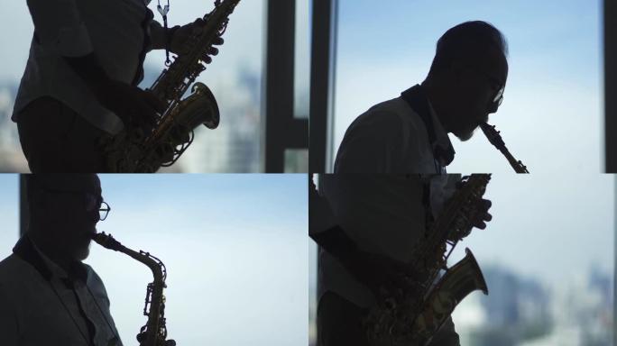 剪影lifehack亚洲活跃的高级艺术家喜欢在客厅演奏萨克斯管