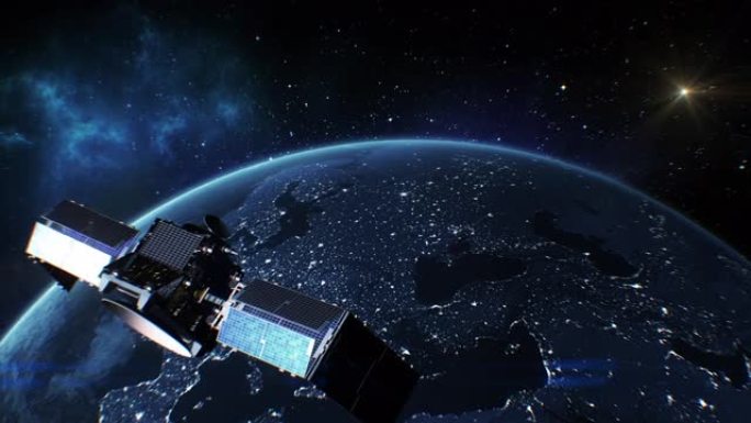 卫星环绕地球的美丽景色。人造卫星开启太阳能电池板工艺。夜晚照亮地球和城市的一部分。