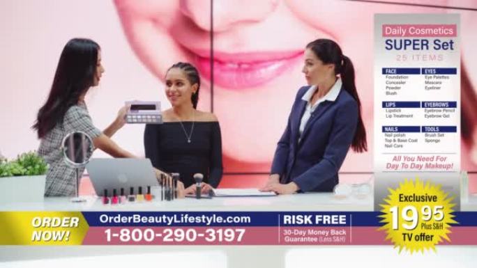 电视商店商业广告: 女主持人，美容专家在美丽的模特上使用眼影调色板，展示最好的产品，化妆品。播放电视