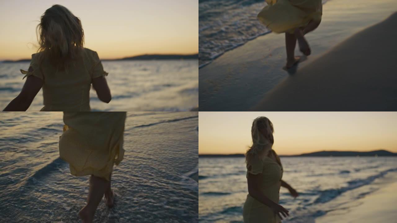 撒丁岛海滩上奔跑的金发女孩的慢动作视图。