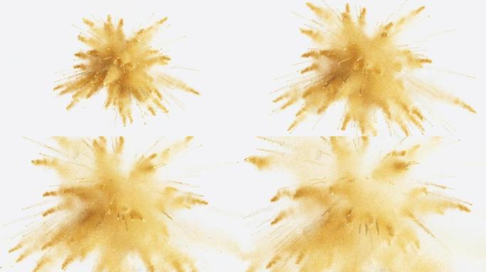 明亮动画白色背景上的金色爆炸五彩纸屑闪光。庆祝优雅时尚多彩的爆发。孤立的爆炸闪光颗粒。美丽的Cg 3