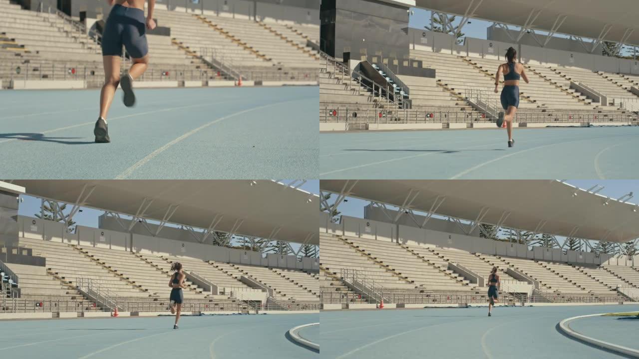 一名女运动员在赛道上训练的4k录像