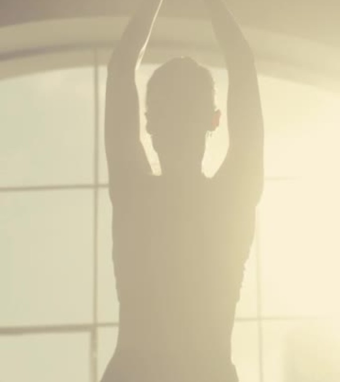 垂直肖像: 年轻的运动女子在阳光明媚的家庭客厅练习平衡，摆出瑜伽姿势。健康的生活方式、健身、幸福和正