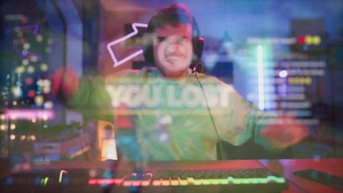 从计算机显示角度看视点，前景是动画VFX视频游戏。沮丧的玩家输掉了电子竞技锦标赛PvP回合。悲伤的玩