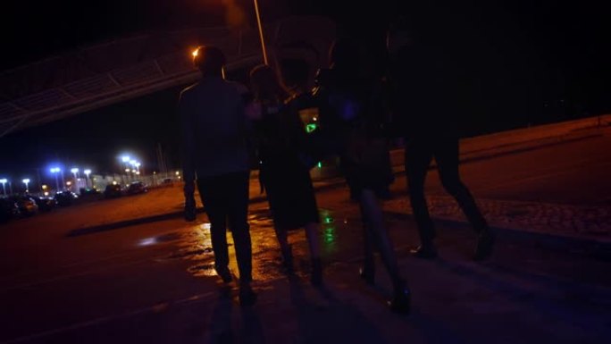 一群朋友在夜间聚会后走在街上