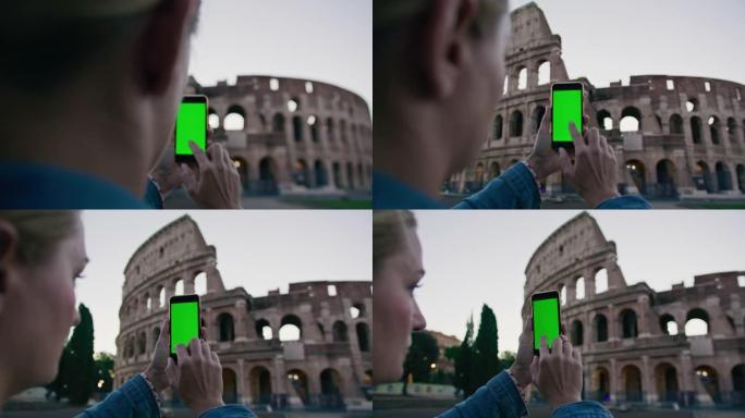 SLO MO女游客使用带色度键屏幕的智能手机拍摄罗马斗兽场