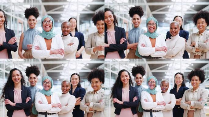 创意营销创业公司团队领导、授权和幸福的女人。团队合作，多元化和自信的女性群体，专注于办公室的微笑广告