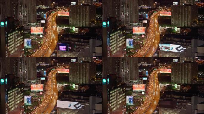 4K UHD延时: 曼谷市区夜间高速公路交通。交通和现代城市景观概念。