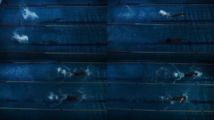 游泳比赛: 两名专业游泳运动员在游泳池跳跳水。运动员争夺最佳冠军。慢动作，空中俯视图跟踪镜头。深色戏