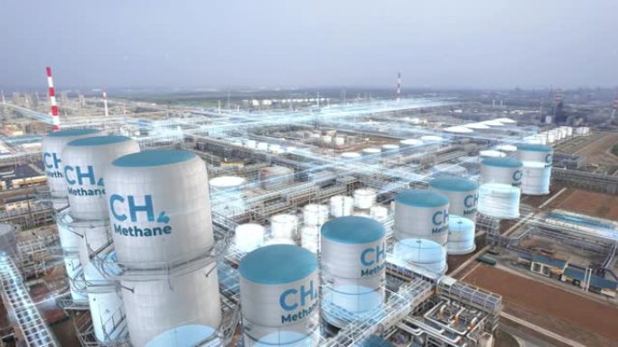 用甲烷填充罐，可再生能源生产工厂。ch4甲烷加载的运动图形概念。