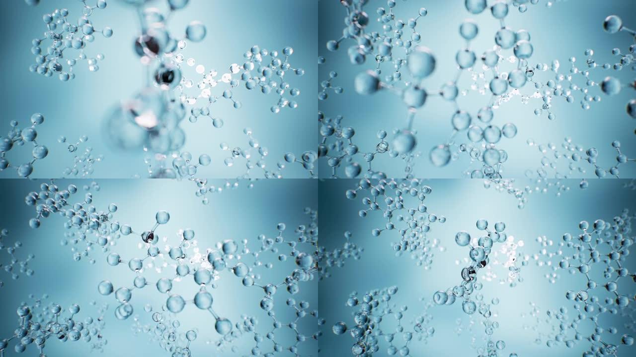 科学学科分子的摘要背景。蓝色背景上的Transparet分子