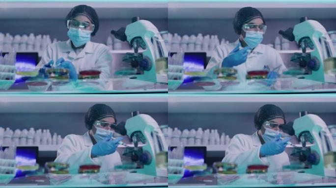 女科学家在研究实验室中修改和混合化学物质。一名研发新冠病毒治疗方法的化学家。在大流行期间开发新冠疫苗