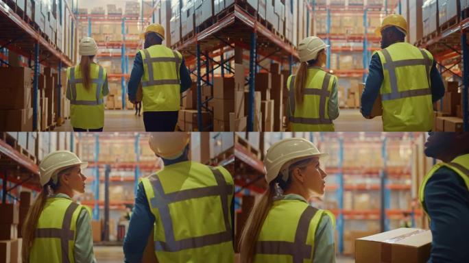 戴着安全帽的男女工人穿过零售仓库，里面装满了纸箱里的货物。在交付和配送中心工作。慢动作拍摄后