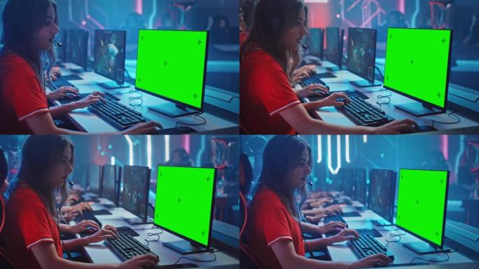 职业女孩玩电脑游戏，在锦标赛上显示绿屏。专业游戏玩家的多元化Esport团队在模拟RPG策略视频游戏