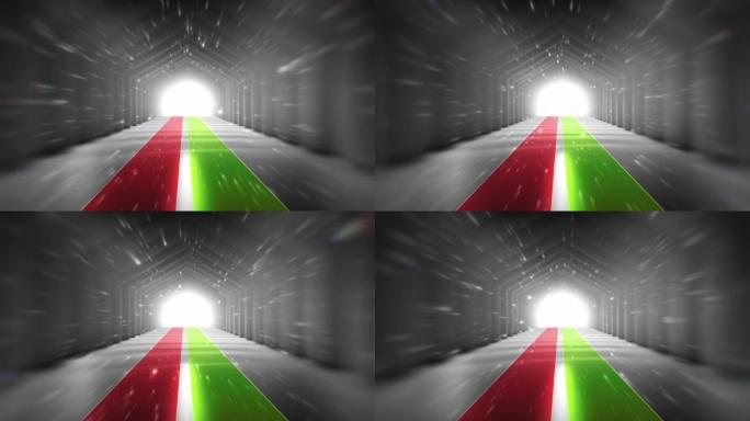 在慢动作中穿越未来派黑暗隧道 (可循环) 抽象3D动画。照明走廊的概念，室内设计，太空船，科学，技术