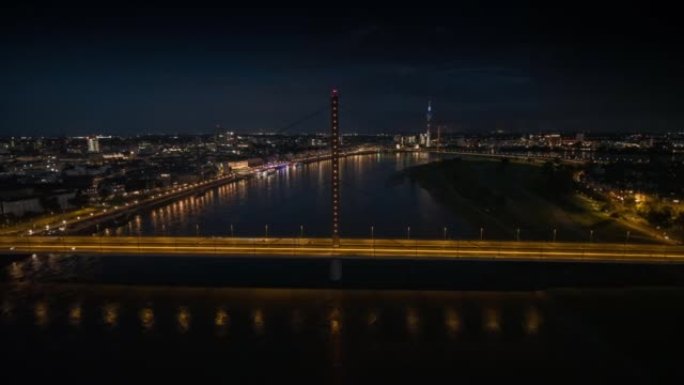 德国杜塞尔多夫地标大桥航拍夜景夜色灯光