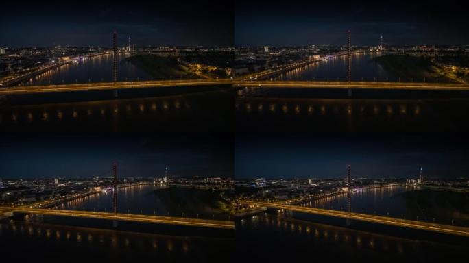 德国杜塞尔多夫地标大桥航拍夜景夜色灯光