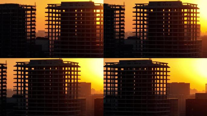 日落时建筑框架的鸟瞰图
