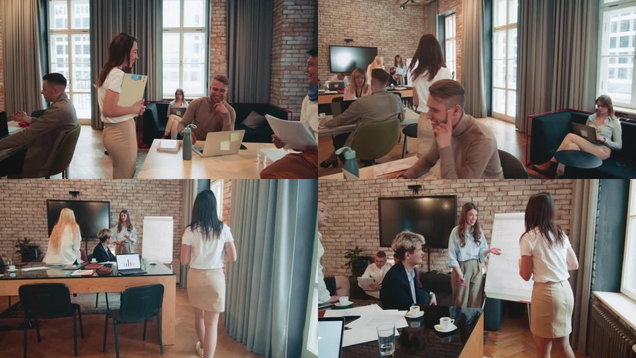 摄像机跟随年轻快乐的执行董事，女商人经理进入办公室会议，与同事聊天。