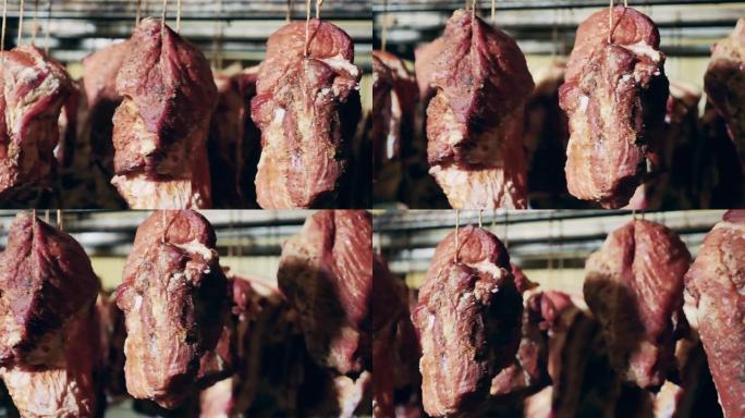 肉厂挂在架子上的生肉。