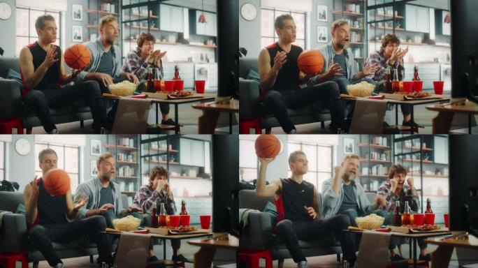 在家里，三个快乐的篮球迷坐在电视上的沙发上观看比赛，庆祝得分和运动队冠军的胜利。当最喜欢的俱乐部玩耍
