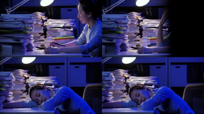 32岁的亚洲年轻女性在工作中过度劳累，睡在桌子上工作到深夜。在家工作的概念。