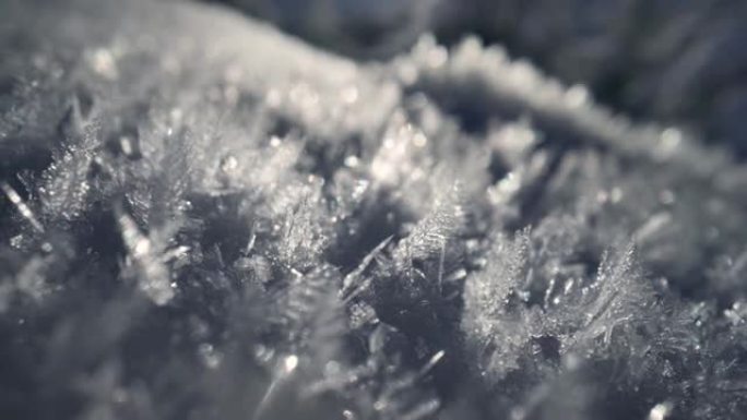 背光中的雪晶。在早晨的阳光下滑动新鲜雪颗粒的超级宏观拍摄。冬季雪概念