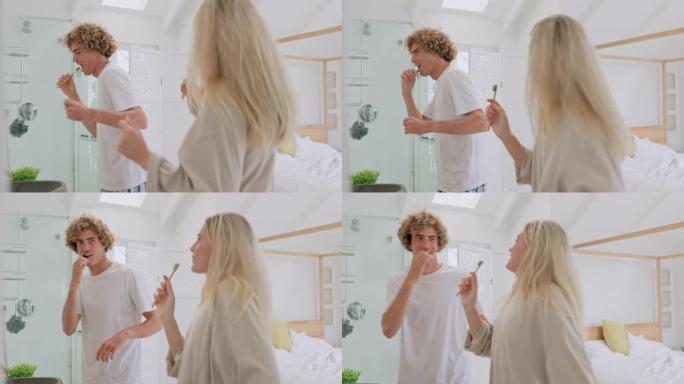 早上一起在家里的浴室里跳舞、唱歌和刷牙。清洁，牙科和有趣的男人和女人跳舞，同时在爱的房子里结伴或大笑