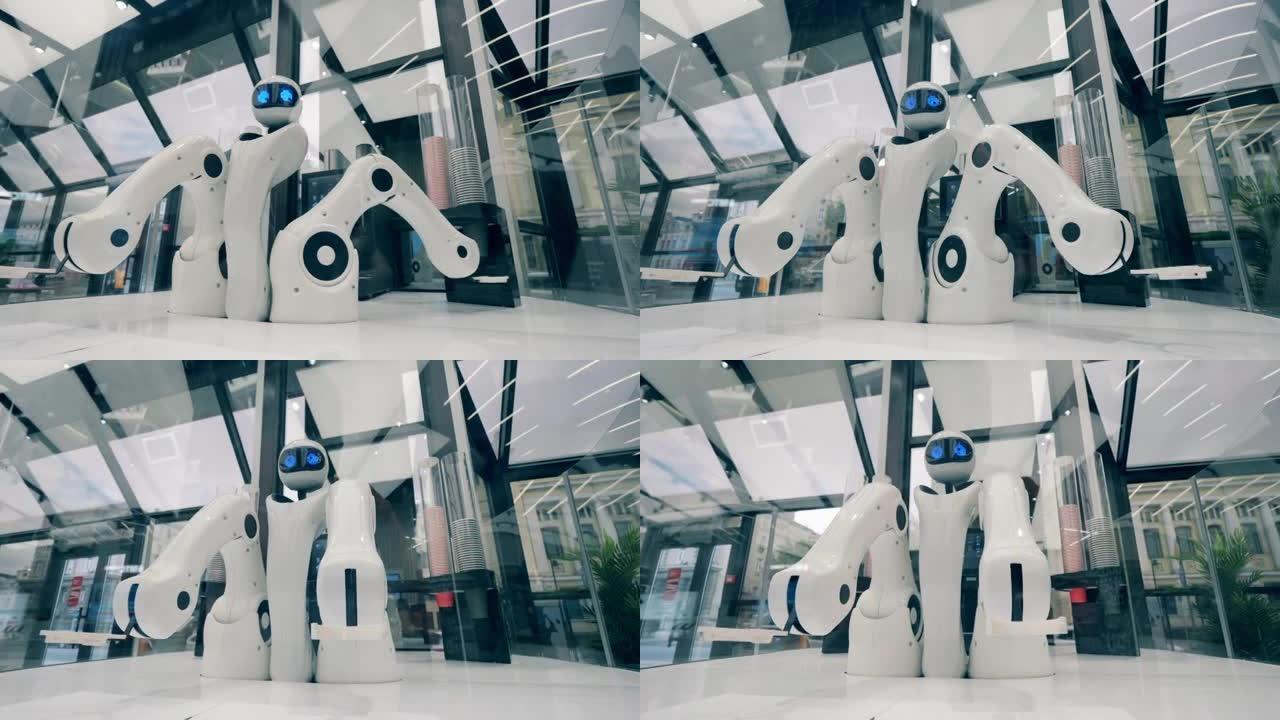 未来派机器人，创新科技理念。咖啡服务机器人在工作时正在移动手臂