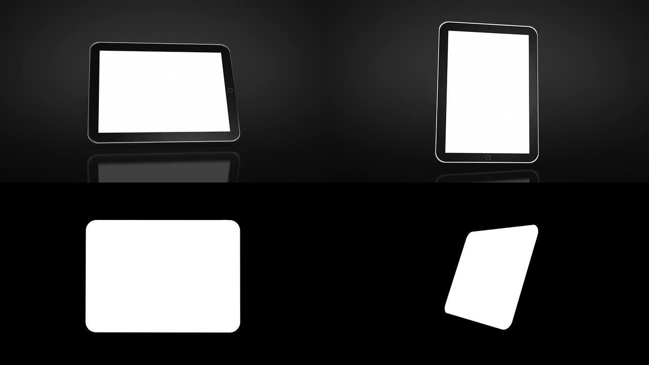 平板电脑动画。黑色背景。亮度哑光。