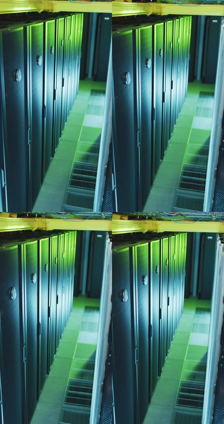 绿光覆盖的服务器机房中服务器的垂直特写镜头