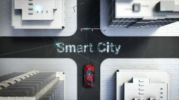 自动驾驶汽车在十字路口连接 “智能城市” 控制系统，顶视图，4k动画。