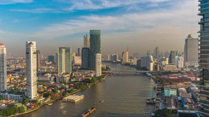 泰国曼谷市区曼谷摩天大楼城市景观河畔的时间流逝