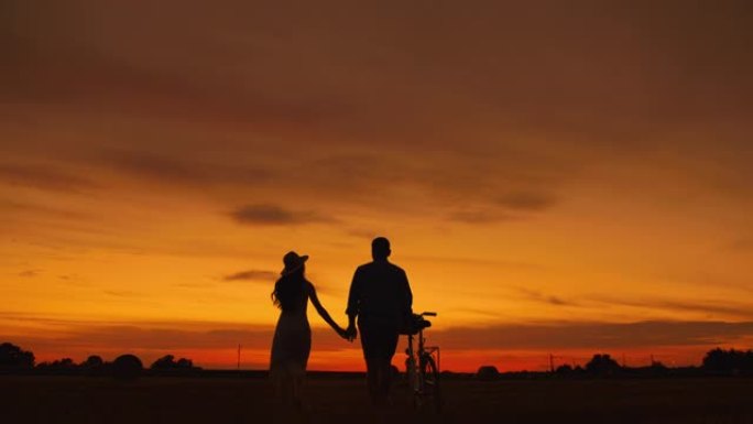 静态的，慢动作的剪影镜头，一对中年夫妇手牵着手，亲吻，走向日落，骑着自行车