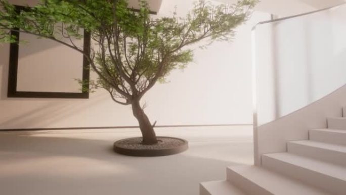 3D渲染具有白色墙壁和树木的现代设计
