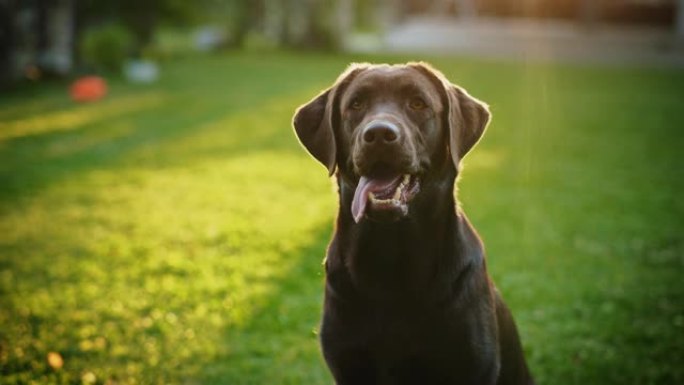 英俊的诺贝尔血统棕色拉布拉多猎犬狗看着相机，在绿色的草坪上玩得开心。在户外阳光明媚的日子里，一只快乐