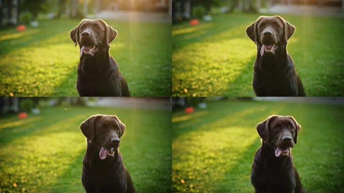 英俊的诺贝尔血统棕色拉布拉多猎犬狗看着相机，在绿色的草坪上玩得开心。在户外阳光明媚的日子里，一只快乐