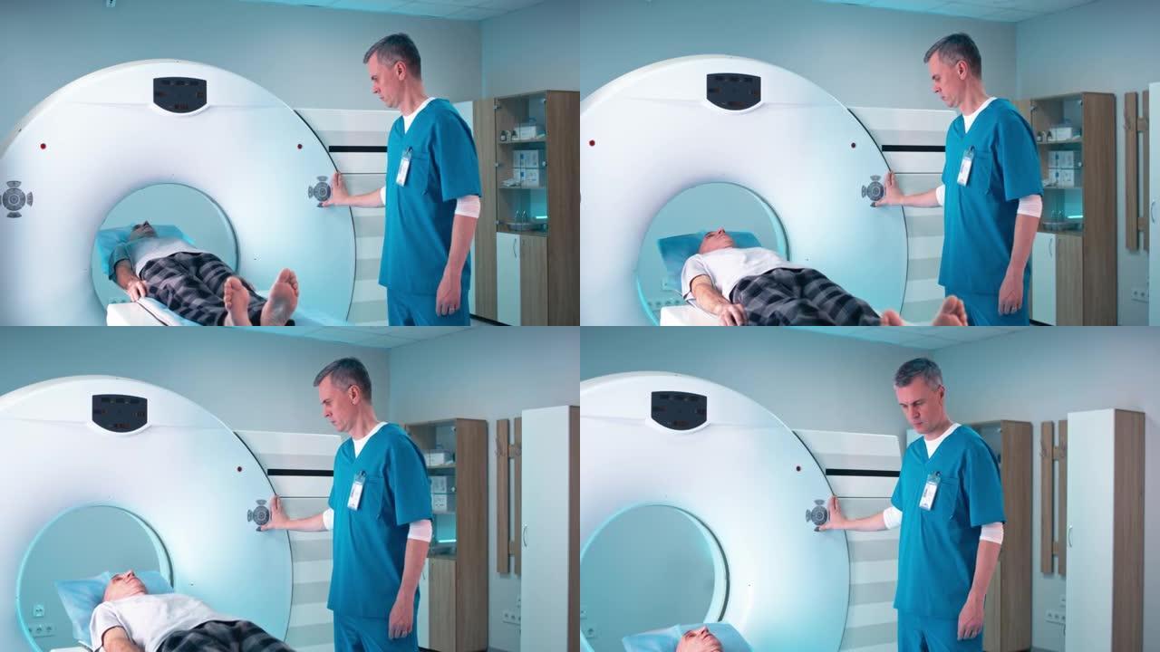 成熟的医生在ct扫描结束时观察病人