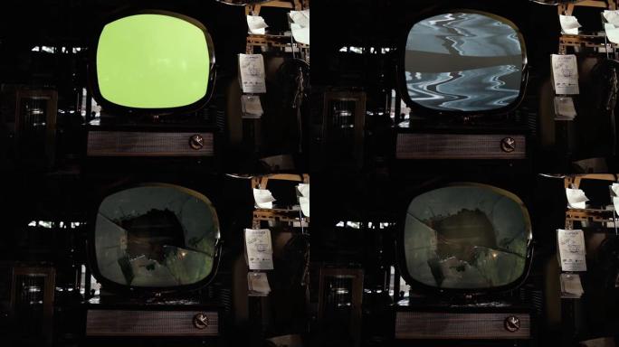 带有绿色屏幕的圆形老式电视爆炸。特写。4k分辨率。