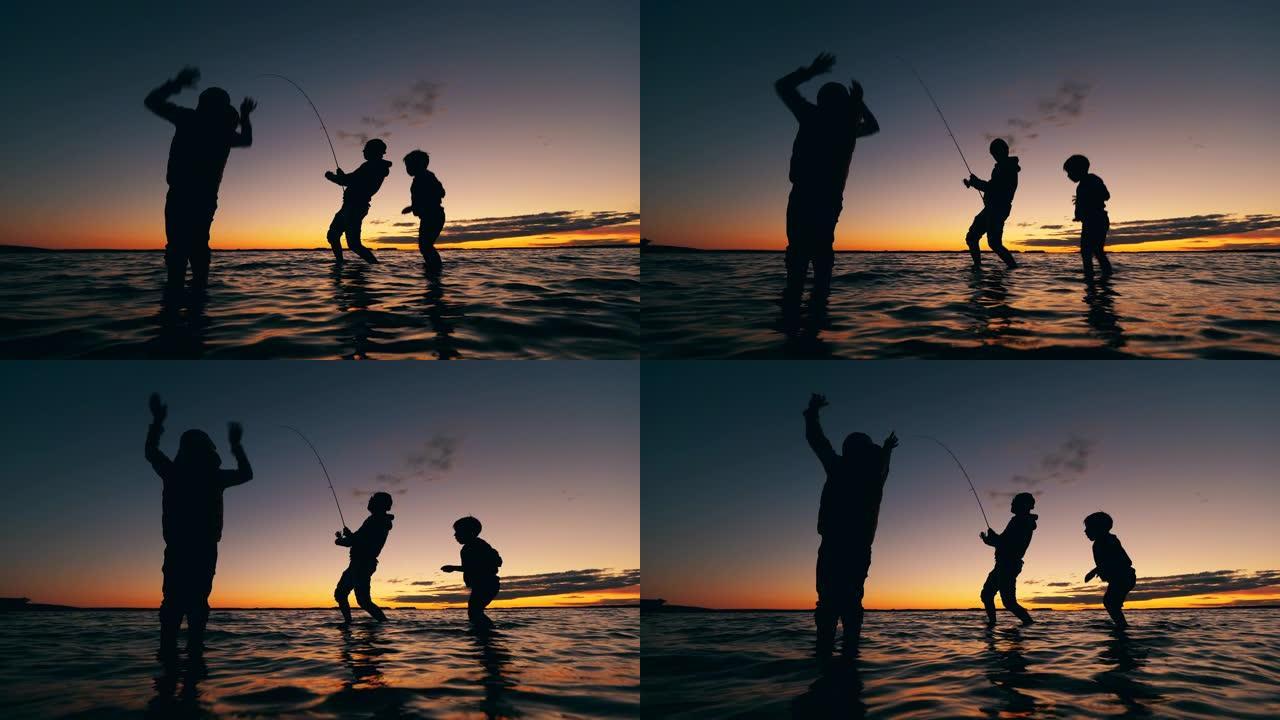 孩子们在钓鱼时为父亲加油
