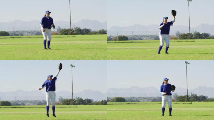 高加索女棒球选手，外野手在棒球场上跳跃接球