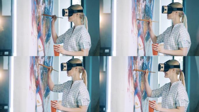 金发女人在绘画时使用VR眼镜和刷子