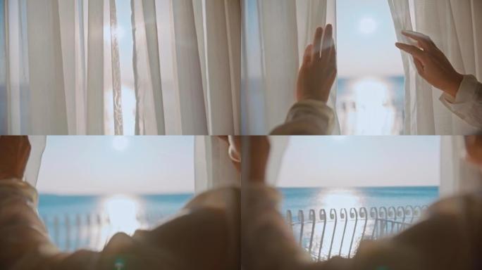 特写女人推开酒店房间的白色窗帘，看着美丽的海景，背景是阳光和晴朗的天空