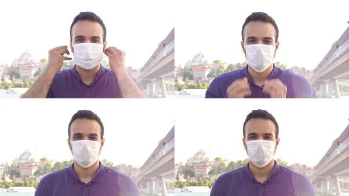 公共场所戴着口罩的人。冠状病毒预防。城市生活，4k视频
